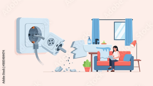 Broken electrical socket in a room with a woman on a couch