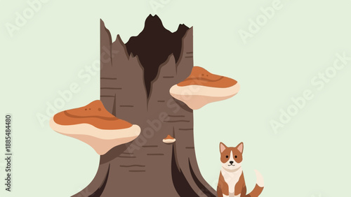 Brown and white dog sits next to a hollowed tree stump with shelf fungi