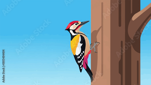 Brightly colored bird clings to tree trunk against a clear blue sky