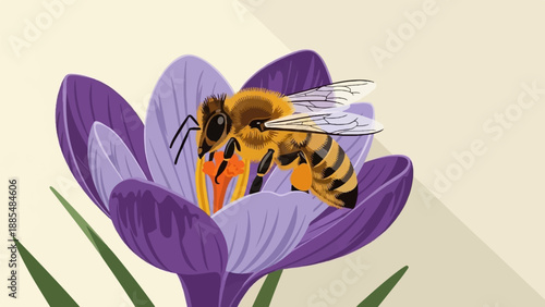 Bee collecting pollen from a purple crocus flower on a light background