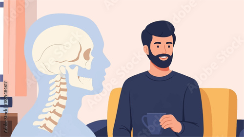 Bearded man with coffee cup sits near anatomical skull overlay