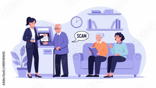 Bank employee assists elderly man at ATM, while others wait on sofa