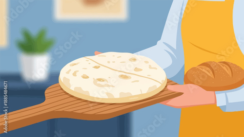 Baker presenting freshly baked bread and flatbread on a wooden peel