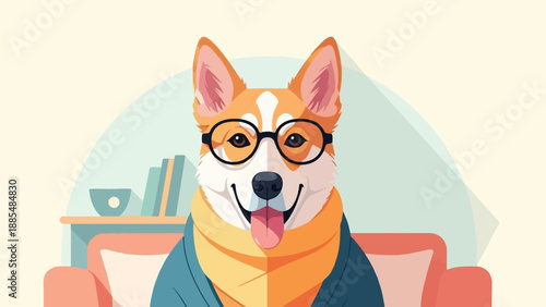 Adorable corgi wearing glasses and scarf sits on sofa