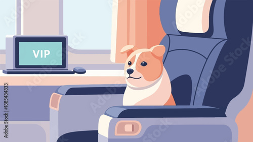 Adorable corgi sits in a plush seat next to a laptop displaying 'VIP'