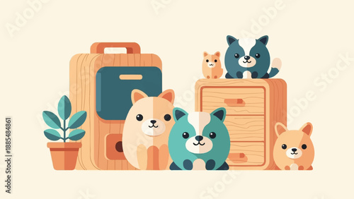 Adorable cartoonish dog characters arranged with cute wooden furniture and plant