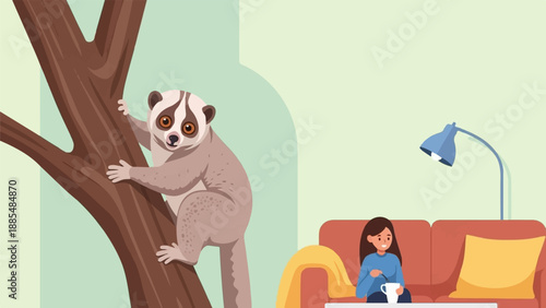 Adorable primate clings to tree branch near woman on couch