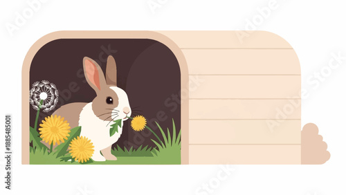 Adorable rabbit nibbles on a dandelion near its cozy burrow