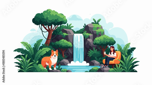 A woman and dog enjoy a serene waterfall scene