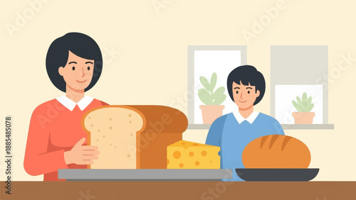 A woman and a child stand by a table with bread and cheese indoors