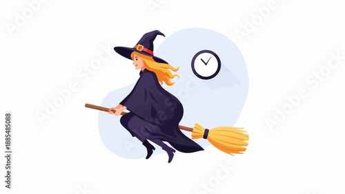 A witch with blonde hair flies on a broomstick with a clock in the background