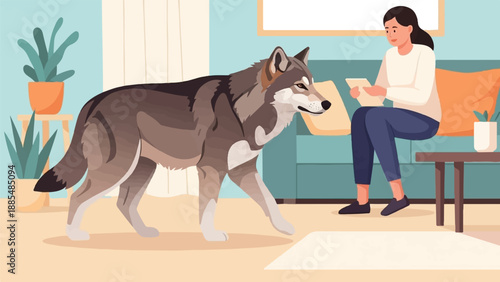 A wolf walks past a woman sitting on a couch, reading a tablet