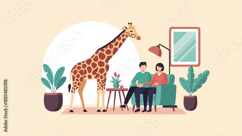 A surreal domestic scene features a tall giraffe standing beside a couple relaxing on a sofa