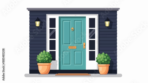 A teal front door with a brass knocker and mail slot