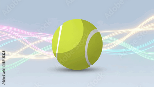A tennis ball floats against a backdrop of glowing, abstract light trails