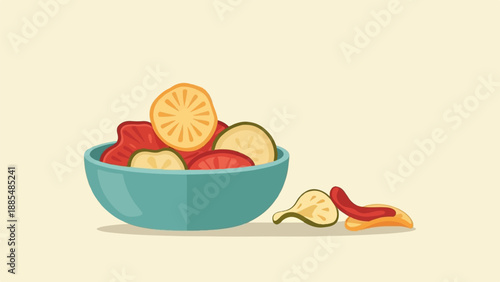 A teal bowl overflows with slices of orange, red, and green vegetables, with more chips scattered nearby