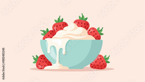 A teal bowl overflowing with creamy white topping and red strawberries