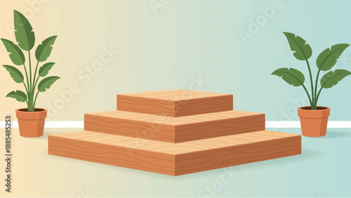A tiered wooden podium with potted plants flanking each side against a gradient wall