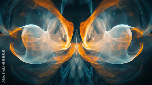 Symmetrical abstract fractal art with swirling orange and blue translucent smoke, digital design