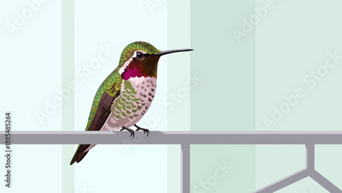 A tiny hummingbird with iridescent green feathers and a ruby throat perches on a metal railing