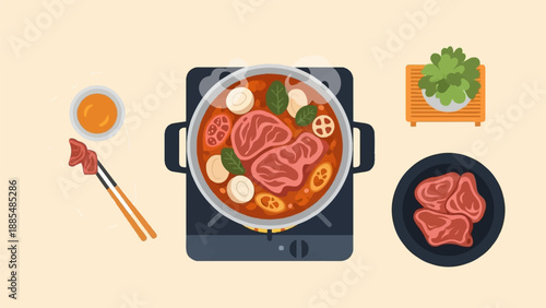A top-down view of a bubbling stew with raw meat and vegetables, ready to cook