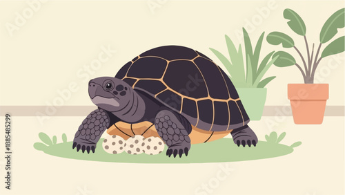 A tortoise sits protectively over its eggs with plants in the background