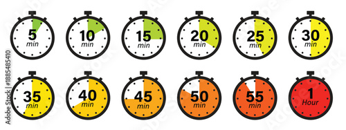 Stopwatch timer icon set with 5-minute intervals. Vector clock illustration for countdowns, cooking, sports, and UI design from 5 to 60 minutes