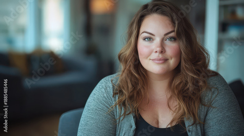 Confident woman plus size casual clothing home interior natural light soft focus blue eyes brown hair warm smile relaxed pose happy female portrait home natural light, confident plus size woman