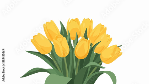 A vibrant bouquet of yellow tulips with green stems and leaves