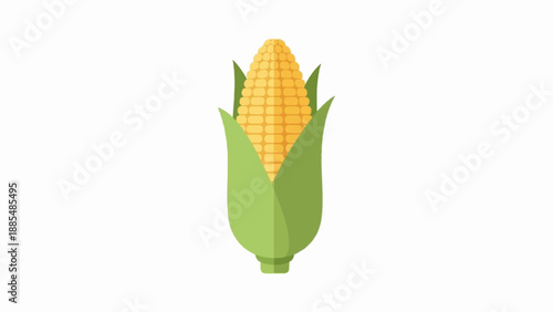 A vibrant, flat illustration of a single ear of corn with green husks