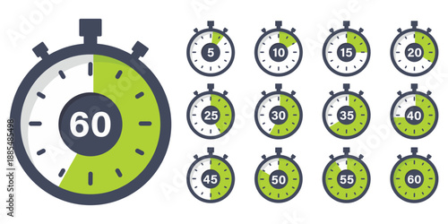 Stopwatch timer icon set with 5-minute intervals. Vector clock illustration for countdowns, cooking, sports, and UI design from 5 to 60 minutes