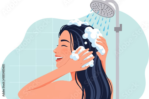 A woman with dark hair washing her hair under a shower head with suds