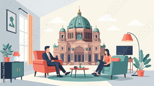 Business meeting in a home office overlooking a historic building