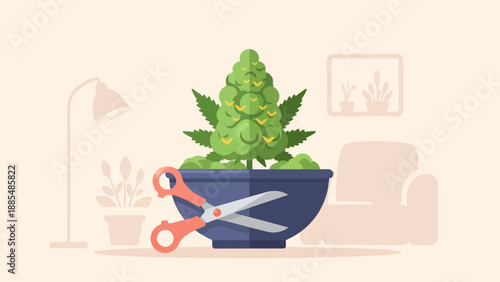 Cartoon of a marijuana bud in a pot with scissors