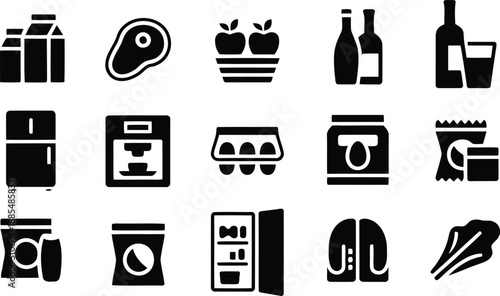 A comprehensive set of black silhouette icons representing various grocery items, food products, and kitchen essentials
