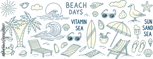 Beach icon set with blue outlines, beige fills, summer phrases, tropical elements, playful style, flat vector illustration