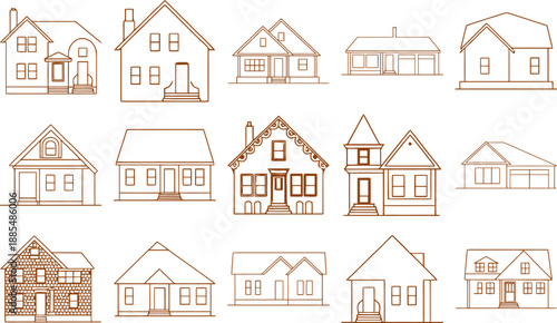 Collection of Diverse House Illustrations in Line Art Style Architectural drawing CAD design