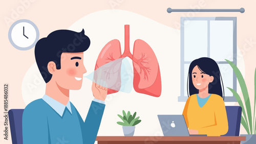 Cartoon of a person exhaling into lungs and another working on laptop