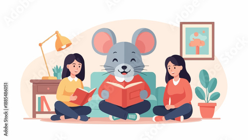 Cheerful mouse reads stories to two happy girls in a cozy room