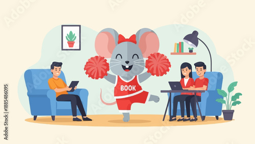 Cheerful mouse with pom-poms and two people at desks at home