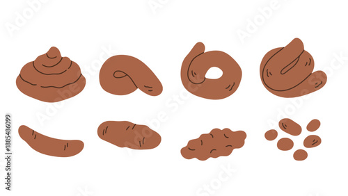 A cartoon illustration of various types of feces in different shapes and sizes on a white background