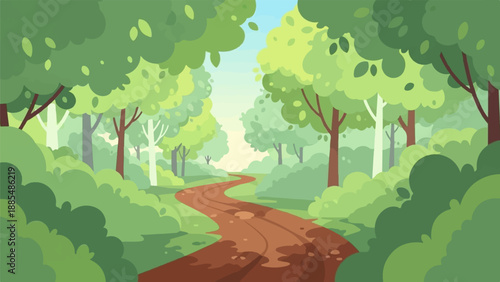 A winding dirt path leads through a lush, green forest with trees and foliage