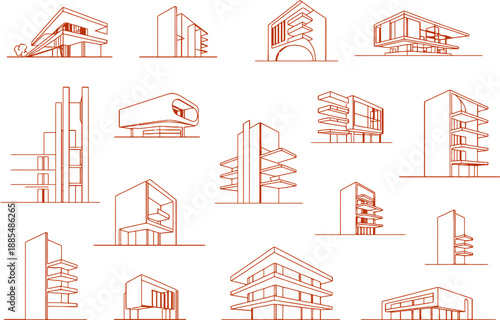 Minimalist Line Art of Modern Building Architectures Architectural drawing CAD design