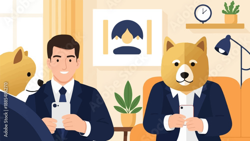 Cartoon people and dogs in suits interacting with phones in a modern room