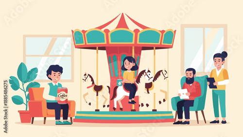 Cheerful people enjoy a carousel ride in a whimsical, indoor setting