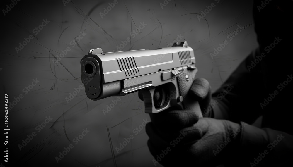 Obraz premium Gloved hand holding a silver pistol, its barrel pointing directly towards the viewer, representing concepts of crime, danger, violence, and threat against a textured dark background