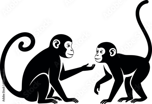 Canvas Print Two stylized black monkey silhouettes interacting and looking at each other isolated on white background vector illustration for design projects