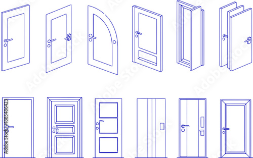 Various Door Designs and Styles in Blue and White Line Art Architectural drawing CAD design