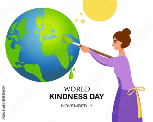 World kindness day. Random acts of kindness. Girl painting the Planet. Caring, responsibility, altruism of people. November 13. PLANET EARTH with text. Vector illustration.