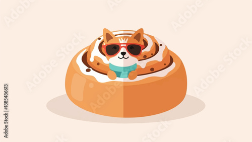 Adorable cartoon dog wearing sunglasses and scarf, peeking out from a cinnamon roll